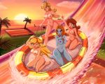  4_girls 4girls aqua_eyes arm arm_up arms art babe bare_legs bare_shoulders beach big_breasts blonde_hair blue_eyes blush breasts brown_hair cleavage clenched_hand cloud collarbone crown earrings erect_nipples eyeshadow female female_only grey_skin hair hair_over_one_eye hand_on_chest hand_on_own_chest happy highres holding inflatable_raft jewelry kneel kneeling large_breasts legs long_hair makeup midna multiple_girls navel neck nintendo ocean open_mouth orange_hair palm_tree princess_daisy princess_peach princess_rosalina raft red_eyes rosalina rosalina_(mario) sea sigurd_hosenfeld sigurdhosenfeld sitting sky slide smile splash splashing spoilers standing sun sunset super_mario_bros. super_mario_kart tattoo the_legend_of_zelda thighs tree twili_midna twilight twilight_princess wariza water water_slide waterslide wink yellow_sclera zenra 