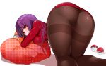 1girl akira_(natsumemo) ass black_legwear breasts crotch_seam from_behind frown gym_leader large_breasts long_hair natsume_(pokemon) pantyhose pencil_skirt pillow poke_ball pokemon purple_hair red_eyes skirt solo thigh_gap thighband_pantyhose top-down_bottom-up