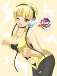 1girl aqua_eyes bare_shoulders blonde_hair blue_eyes blush bob_cut bolt_badge breasts cable choker cleavage denpa erect_nipples gym_leader halter_top halterneck headphones headset highres kamitsure_(pokemon) leaning_forward lightning mashiri master_ball midriff navel one_eye_closed open_mouth open_poke_ball pantyhose poke_ball pokemon pokemon_(game) pokemon_black_and_white pokemon_bw short_hair solo wink wire