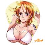 bikini bikini_top breast_mousepad breasts character_name cleavage large_breasts lowres mousepad mousepad_(medium) nami nami_(one_piece) one_piece orange_eyes orange_hair short_hair simple_background swimsuit tattoo text white_background