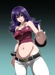 1girl alternate_hairstyle bare_shoulders belt bracelet breasts camisole casual come_hither cowboy_shot denim flipped_hair foreshortening groin gym_leader hands jeans jewelry large_breasts middle_finger midriff mound_of_venus natsume_(pokemon) navel nintendo pants pokemon pokemon_(game) pokemon_gsc pokemon_hgss purple_hair red_eyes sabrina sabrina_(pokemon) satsuki_imonet smile solo unzipped