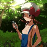 agemono aliasing bag bow breasts brown_eyes brown_hair forest handbag hat hat_ribbon kotone_(pokemon) lyra naked_overalls nature nipples oekaki outdoors overalls pokemon pokemon_(game) pokemon_hgss purse ribbon short_twintails small_breasts solo sunlight twintails