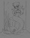  1girl aquarium arms_behind_back ball_and_chain bondage bra breasts female mario_(series) medium_breasts mermaid mermaid_peach mermaid_tail midriff monochrome navel nintendo panel_gag princess_peach princess_peach:_showtime! raver1357 solo tail underwater water water_tank 