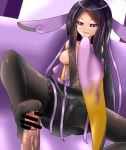  1girl bare_shoulders black_hair breasts censored choker feet footjob gym_leader long_hair long_sleeves mache_(pokemon) no_shoes panties pantyhose penis pokemon purple_eyes ribbon underwear 