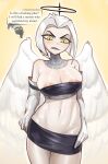  1boy1girl adam_(hazbin_hotel) angel angel_wings annoyed annoyed_expression dryvial halo hazbin_hotel horns lute_(hazbin_hotel) mask swimsuit white_skin 