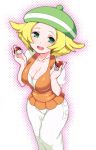 1girl :d akira_(natsumemo) bel_(pokemon) blonde_hair breasts cleavage collarbone curvy dress green_eyes hat holding holding_poke_ball open_mouth poke_ball pokemon pokemon_(game) pokemon_bw short_hair smile solo wide_hips