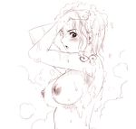 1girl breasts lowres monochrome nagi_raiun nami nami_(one_piece) nipples nude one_piece shower soap solo