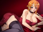 1girl arm_rest bangle bare_shoulders bed black_legwear black_panties black_thighhighs blush bracelet breasts brown_eyes choker cleavage collarbone dress earrings female formal gradient_background hair_up highres jewelry kagami_hirotaka large_breasts legs legwear lips lipstick log_pose looking_at_viewer lying makeup nami necklace on_side one_piece orange_hair panties pantyshot pantyshot_(lying) parted_lips pink_lipstick red_background red_dress shiny_hair shiny_skin short_hair smile solo strapless strapless_dress tattoo teeth thighhighs thighs underwear