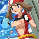 1girl alternate_breast_size bandana bandanna blue_eyes blush body_blush breast_feeding breast_sucking breasts brown_hair haruka_(pokemon) hat lowres manaphy may midriff navel nintendo nipples open_clothes open_shirt pokemoa pokemon shirt shirt_lift short_hair sky soara