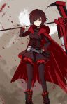 1girl belt boots breasts bullets cape clothed combat_skirt hood pouch red_eyes ruby_rose rwby scythe short_hair