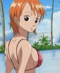 1girl animated annoyed back bangs big_breasts bikini black_eyes bounce bouncing_breasts breasts cleavage cloud crossed_arms earrings female_only from_behind gif inoue_eisaku jewelry lowres nami one_piece orange_hair outdoors palm_tree parted_bangs short_hair sideboob sky solo_female swimsuit tattoo tree upper_body