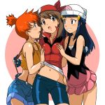  3girls :d :o alternate_eye_color arms bandana bandanna bare_arms bare_shoulders beanie bike_shorts black_dress blue_eyes blue_hair blush breast_grab breasts brown_eyes brown_hair camisole clenched_teeth dawn denim denim_shorts dress embarrassed eye_contact friends gloves grin gym_leader hair_ornament half_updo harem haruka_(pokemon) hat kakkii kasumi_(pokemon) long_hair looking_at_another love may midriff misty moaning multiple_girls mutual_yuri naughty_face navel neck nintendo open_mouth orange_hair pink_skirt pokemon pokemon_(anime) pokemon_(game) pokemon_dppt pokemon_frlg pokemon_rgby pokemon_rse pulling red_bandana red_bandanna red_shirt shirt short_hair shorts shy side_ponytail skirt sleeveless smile standing suspenders teeth threesome yuri 