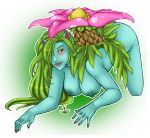  2011 all_fours blush breasts female flower green green_hair green_nipples hair looking_at_viewer nintendo nipples nude pokemon pokemorph red_eyes rozwell venusaur 