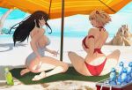  2_girls alluring ass barefoot beach beach_towel beach_umbrella big_breasts bikini black_hair blonde_hair blue_sky bottle cloud commentary_request cooler day floating_hair full_body green_tea high_res ice ice_cube inoue_takina long_hair lycoris_recoil medium_breasts multiple_girls nishikigi_chisato one-piece_bikini one-piece_swimsuit outside palm_tree plastic_bottle purple_eyes ramune red_bikini red_eyes sand_castle sand_sculpture short_hair sitting sky solar_(happymonk) swimsuit tea towel tree umbrella white_one-piece_swimsuit 