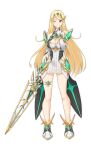  1girl alluring armor bare_shoulders big_breasts blonde_hair cleavage dress female_only full_body gloves headgear high_res jewelry long_hair looking_at_viewer mythra nintendo one_eye_closed saruno_(eyesonly712) simple_background smile solo_female sword thigh_strap weapon white_background xenoblade_(series) xenoblade_chronicles_2 yellow_eyes 