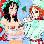  2girls black_hair blush breast_rest breasts carried_breast_rest chef chef_hat cherry_(fruit) christmas elbow_gloves food fruit gloves grin hat icing large_breasts lowres mouth_hold multiple_girls nami nami_(one_piece) nico_robin nude oekaki one_piece orange_hair red_gloves santa_hat see-through smile straw_hat_pirates sweatdrop tattoo toque_(hat) tray v 