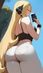  1girl alluring ass blonde_hair cleavage creatures_(company) cynthia cynthia_(pokemon) edit female_only game_freak gym_pants holding_phone kisou long_hair nightcore_(artist) nintendo outside pokemon pokemon_(anime) pokemon_dppt pokemon_dppt_(anime) selfpic sports_bra 