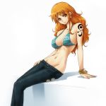 1girl arm_support bangle bare_shoulders bikini_top bracelet breasts cleavage denim earrings groin hairu jeans jewelry large_breasts log_pose long_hair lowleg lowleg_pants midriff mound_of_venus nami navel one_piece orange_eyes orange_hair pants sabaody_archipelago sitting slender_waist solo tattoo