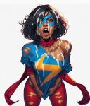 1girl ai_edit ai_generated brown_eyes brown_hair brown_skin cum cum_on_body cum_on_breasts cum_on_clothes cum_on_face cum_on_hair cum_on_shoulder cum_on_upper_body dark-skinned_female eyemask kamala_khan marvel marvel_comics ms._marvel muslim_female older older_female pakistani_female scarf short_hair superheroine torn_clothes torn_legwear torn_shirt young_adult young_adult_female young_adult_woman