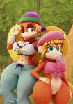 2girls beret blonde_hair blue_eyes chewing_gum dixie_kong donkey_kong_(series) earrings female_focus furry furry_female green_eyes hat nintendo ponytail rareware tahlian tiny_kong twintails