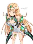  1girl 1girl alluring armor big_breasts blonde_hair blush breasts cleavage dress gloves high_res long_hair looking_at_viewer mythra nintendo samu_poteto smile white_background xenoblade_(series) xenoblade_chronicles_2 yellow_eyes 