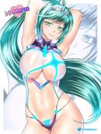  1girl alluring big_breasts bikini etchimune green_hair hair_ornament hands_behind_head latex long_hair looking_at_viewer nintendo one-piece_bikini pneuma_(xenoblade) ponytail posing smiling_at_viewer swimsuit transparent_clothing under_boob xenoblade_(series) xenoblade_chronicles_2 