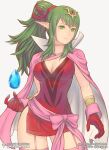  1girl 1girl alluring artist_name bracelet breasts choker cleavage cloak cowboy_shot dress english_text expressionless fire_emblem fire_emblem_awakening garter_straps gem gloves gofelem green_eyes green_hair hair_ribbon jewelry long_hair medium_breasts nintendo patreon_username pink_thighhighs pointy_ears ponytail red_dress red_gloves ribbon sash short_dress side_slit simple_background stockings thighs tiara tiki_(adult)_(fire_emblem) tiki_(fire_emblem) twitter_username watermark web_address white_background 