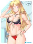  1girl alluring alternate_costume big_breasts bikini blonde_hair blue_eyes bronze_felix clarisse_(fire_emblem) cleavage commission commission_art etchimune fire_emblem fire_emblem:_new_mystery_of_the_emblem hand_on_hair hand_on_hip long_hair looking_at_viewer nintendo very_long_hair 