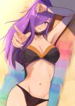  1girl alluring arm_up big_breasts bikini black_bikini black_choker choker cleavage collarbone fire_emblem fire_emblem:_three_houses fire_emblem_heroes fire_emblem_warriors:_three_hopes groin hair_over_one_eye high_res labebebe_lee long_hair lying medium_breasts midriff navel nintendo official_alternate_costume on_back outstretched_arm purple_eyes purple_hair shez_(fire_emblem) shez_(fire_emblem)_(female) swimsuit 