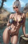 1girl 1girl alluring artist_name athletic_female big_breasts bikini black_eyeshadow blurry blurry_background braid chalice collarbone cup dandon_fuga eyeshadow female_abs fit_female freckles gluteal_fold gold_trim green_eyes grey_hair groin gumroad_username high_res holding holding_cup isabella_valentine jewelry lips long_braid looking_at_viewer makeup multi-tied_hair patreon_username pointy_ears project_soul purple_bikini river rock scar scar_on_face scar_on_nose soul_calibur soul_calibur_ii soul_calibur_iii soul_calibur_iv soul_calibur_v soul_calibur_vi swimsuit thick_thighs thighs toned tree underwear wading water wet