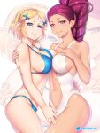  2_girls alluring alternate_costume asymmetrical_docking bare_thighs bikini blonde_hair blue_bikini blue_eyes braid breast_press commentary cowboy_shot crown_braid etchimune eyeshadow female_only fire_emblem fire_emblem:_three_houses grin looking_at_viewer makeup multiple_girls navel nintendo one-piece_swimsuit petra_macneary pink_lips pointy_ears ponytail princess_zelda purple_eyes purple_hair short_hair sidelocks smile stomach swimsuit symmetrical_docking tears_of_the_kingdom the_legend_of_zelda the_legend_of_zelda:_tears_of_the_kingdom thighs white_background white_one-piece_swimsuit white_swimsuit zelda_(tears_of_the_kingdom) zoom_layer 