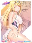  1girl alluring big_breasts bikini blonde_hair colored_nails etchimune hair_ornament hand_on_hip latex long_hair looking_at_viewer looking_back_at_viewer mythra nintendo one-piece_bikini posing sideboob smiling_at_viewer swimsuit xenoblade_(series) xenoblade_chronicles_2 