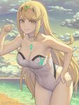  1girl alluring bare_legs big_breasts blonde_hair cleavage gofelem mythra mythra_(radiant_beach)_(xenoblade) mythra_(xenoblade) nintendo one-piece_bikini swimsuit white_one-piece_bikini xenoblade_(series) xenoblade_chronicles_2 yellow_eyes 