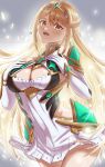 1girl 1girl absurd_res alluring big_breasts blonde_hair cleavage_cutout clothing_cutout high_res kenichiart mythra nintendo xenoblade_(series) xenoblade_chronicles_2 yellow_eyes