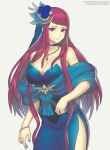  1girl 1girl alluring alternate_costume bare_shoulders big_breasts blue_choker blue_dress blue_flower blue_nails blue_rose choker cleavage commentary cowboy_shot dress fire_emblem fire_emblem_engage flower gofelem hair_flower hair_ornament ivy_(fire_emblem) jewelry long_hair looking_at_viewer nail_polish nintendo pendant purple_eyes purple_hair rose shawl side_slit standing strapless strapless_dress very_long_hair 