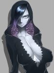 1girl black_hair blue_eyes blue_hair breasts cleavage erect_nipples fishman_island gradient_hair grey_background hair_over_one_eye hood huge_breasts lining long_breasts madame_shirley madame_shyarly mermaid monster_girl multicolored_hair nipples one_piece puffy_nipples purple_hair sagging_breasts short_hair simple_background slit_pupils smile solo space_jin spacezin two-tone_hair