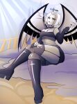  1girl angel angel_girl angel_wings black_halo boots clothed female female_only gloves goth halo hazbin_hotel lute_(hazbin_hotel) sfw sitting solo_female solo_focus thick_thighs thighs twitter veeepawoon vivienne_medrano wings 