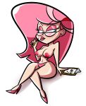 1girl 1girl atomickingboo blue_eyes clipboard earrings eyeshadow glasses high_heels lipstick ms._pink nipples pencil pink_hair pink_panties rice_krispies topless white_background