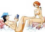  2girls arm arm_support arms art artist_request babe bare_legs bare_shoulders barefoot bath bathing big_breasts black_eyes black_hair book breasts cleavage collarbone cowboy_hat female foam friends hair hair_up hat headgear holding large_breasts legs looking_at_another lying multiple_girls nami navel neck nico_robin nipples nude on_back one_piece open_book open_mouth orange_hair pirate reading rock short_hair sideboob simple_background sitting smile stone tattoo wet white_background 