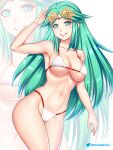 1girl 1girl 1girl alluring alternate_costume big_breasts bikini cleavage etchimune female_only green_hair headdress jewelry kid_icarus long_hair nintendo palutena