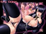 1girl bdsm black_clothes black_jacket black_legwear black_thighhighs blush bondage bound breasts breasts_outside chains collar cuffs cum cum_on_lower_body facial fingering holding_panties kagami_hirotaka large_breasts leash legwear masturbation nico_robin no_panties one_piece open_clothes open_jacket open_shirt open_zipper penis pussy solo thighhighs tongue tongue_out uncensored zipper