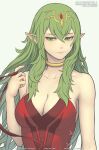  1girl 1girl alluring artist_name bare_shoulders breasts cleavage collarbone english_text female_focus fire_emblem fire_emblem_heroes gofelem green_eyes green_hair hair_between_eyes hair_down jewelry lips long_hair matching_hair/eyes medium_breasts nintendo patreon_username pink_lips pointy_ears red_ribbon ribbon tiki_(adult)_(fire_emblem) tiki_(fire_emblem) upper_body watermark web_address 