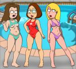  american_dad bikini blonde blonde_hair brunette cameltoe connie_d&#039;amico erect_nipples family_guy glasses lisa_silver meg_griffin nipples pool sexfightfun swimsuit threesome yuri 