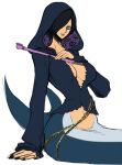  artist_request black_hair blue_eyes breasts cleavage fishman_island hair_over_one_eye hood hoodie kiseru large_breasts lining madame_shirley madame_shyarly mermaid monster_girl one_piece pipe shark short_hair sitting smoking_pipe solo 