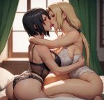  2_girls ai_generated alex-schura black_hair blonde_hair female_only french_kiss kissing lingerie naruto naruto_shippuden shizune stable_diffusion tsunade yuri 