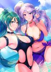  2_girls alluring alternate_costume ass_visible_through_thighs bare_thighs big_breasts black_one-piece_swimsuit black_swimsuit breasts cleavage color earrings female_only fire_emblem fire_emblem:_genealogy_of_the_holy_war green_eyes green_hair ishtar_(fire_emblem) kurono_kiria long_hair looking_at_viewer multiple_girls nail_polish nintendo ocean one-piece_bikini one-piece_swimsuit open_mouth outside partially_submerged ponytail purple_bikini purple_eyes purple_hair purple_nails purple_swimsuit reaching_out revolverwingstudios sarong see-through selfpic side_ponytail smile thick_thighs thighs tokyo_mirage_sessions_#fe very_long_hair water 