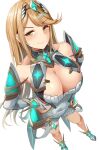  1girl alluring armor bare_shoulders big_breasts blonde_hair cleavage_cutout closed_mouth clothing_cutout core_crystal_(xenoblade) covered_navel dress elbow_gloves gloves hand_on_own_hip high_res long_hair looking_at_viewer mythra nintendo sail_(sail-away) short_dress smile swept_bangs thigh_strap tiara white_background white_dress white_gloves xenoblade_(series) xenoblade_chronicles_2 yellow_eyes 