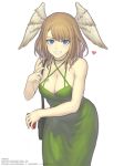  1girl alluring big_breasts blue_eyes breast_tattoo breasts brown_hair chocolate cleavage dress eunie_(xenoblade) gofelem head_wings long_hair looking_at_viewer medium_hair nintendo smile tattoo white_wings wings xenoblade_(series) xenoblade_chronicles_3 