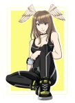  1girl absurd_res alluring belt black_legwear black_shirt blue_eyes brown_hair choker cup ememtrp eunie_(xenoblade) high_res mug nintendo on_floor pale_skin shirt shoelaces shoes simple_background sitting smile sneakers striped_legwear tank_top wings xenoblade_(series) xenoblade_chronicles_3 