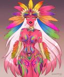  2023 avianaress big_breasts big_breasts body_jewelry body_markings bodypaint brazilian bright_colors colorful demon demon_girl demoness feathers festival festival_girl gems gold_(metal) gold_jewelry grin headdress headwear helluva_boss hourglass_figure jewelry large_hips long_hair necklace nipple_piercing piercing piercings pink_body pink_hair pink_nipples pink_skin rainbow smile succubus tattoos verosika_mayday_(helluva_boss) wide_hips 